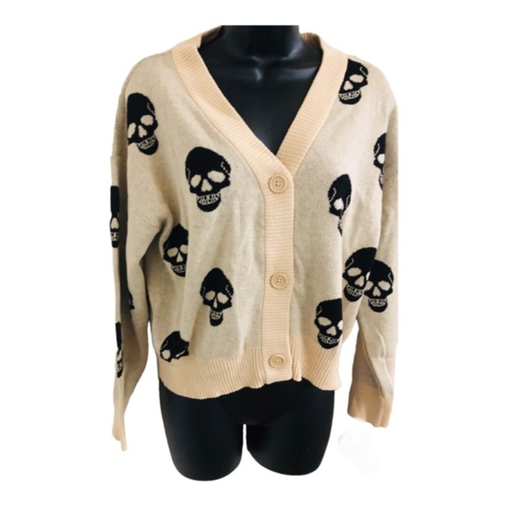 Cream skull print button front v-neck grandpa style cardigan size Medium new - Picture 3 of 11